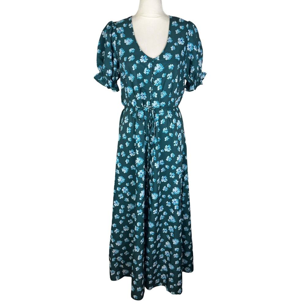 Outerknown Kira Maxi Button Up Dress Green Blue Floral Puff Sleeve Size Medium - Picture 2 of 8